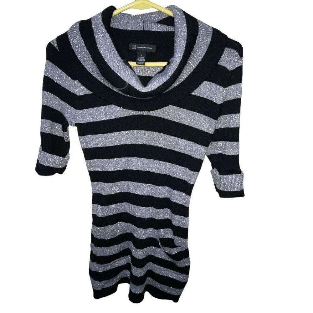 INC International Concepts Black & Silver Striped Cowl Sweater - Size Medium